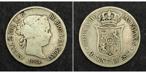  
  1864, Kingdom of Spain, Queen Isabella II. Silver 40 Centimos Coin. Madrid! F/aVF!  Mint Year: 1864 Reference: KM-628.2. Mint Place: Madrid (privy mark: six-pointed stars) Denomination: 40 Ce ...
