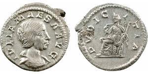 Julia Maesa, denier, Rome, 218-220 A/IVLIA MAESA AVG. Buste drapé à droite, les cheveux relevés en chignon. R/PVDICITIA. La Pudicité assise à gauche, tenant un pan de son voile et un sceptre. TTB ...
