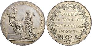 1800,ITALIEN. Cisalpine Republik. Scudo da 6 Lire Anno VIII (1800), Milano. Auf die Schlacht bei Marengo (Piemont). 23.15 g. Mont. 184. Pagani 8. Dav. 199. Hübsche Patina / Attractive patina. Kle ...