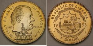 LIBERIA 1 Dollar 1992 PM - Copper-Nickel - Willy Brandt - UNC - 657 *