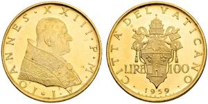 1959,ITALIEN. Vatikan - Kirchenstaat. Johannes XXIII. 1958-1963. 100 Lire 1959 / Anno I, Roma. 5.21 g. Mont. 676. Pagani 866. Fr. 292. Selten / Rare. Vorzüglich-FDC / Extremely fine-uncirculated. ...