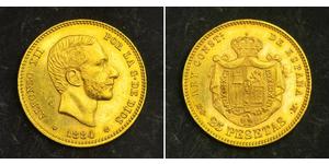  
 
  
 1884, Kingdom of Spain, Alfonso XII. Beautiful Gold 25 Pesetas Coin. 8.08gm! 
  
  Mint Year: 1884 Reference:  KM-687. Denomination: 25 Pesetas Condition: A nice XF-AU! Mint Place: Madrid ...