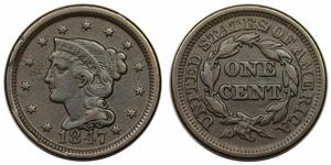 1847/47 Braided Hair Large Cent, Large over Small 47, rare N-18, R5, TDS (d)