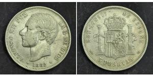  
 
  
 1882, Kingdom of Spain, Alfonso XII. Large Silver 5 Pesetas Crown. VF- 
  
  Mint Year: 1882 Reference:  KM-688. Denomination: 5 Pesetas Mint Place: Madrid (MS-M)  Condition: A well circu ...