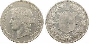 Suisse, Confédération helvétique, 5 francs, 1892 Berne A/CONFOEDERATIO - HELVETICA* (date). Tête laurée à gauche. R/. Couronne, au centre : écu aux armes de la Confédération helvétique sous une é ...