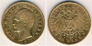 Бавария
20 марок (1895 г.)
Золото
D. Людвиг II. Номер по Краузе КМ#501, 900-я проба, 7,965 г.
