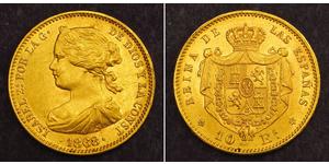  
  1868 (1873), Kingdom of Spain, Queen Isabella II.  Gold 10 Escudos Coin. 8.38gm!  Reference: KM-636.3. Denomination: Gold 10 Escudos Mint Year: 1868 (struck during 1873)   Mint Place: Madrid  ...