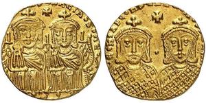 1584,BYZANTINE EMPIRE. Leo IV, 775-780, with Constantinus VI. Solidus 778-780, Constantinople. (LЄOn VS S ЄÇÇOn COnST)AnTInOS O NЄOS Crowned figures of Leo IV on left, bearded and Constantinus IV ...