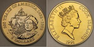 COOK ISLANDS 5 Dollars 1991 - Cu-Ni - Toned - Christopher Columbus - UNC - 775 *