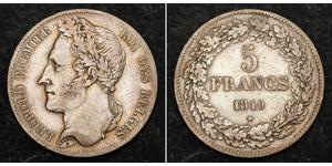 
  1849, Kingdom of Belgium, Leopold I. Large Silver 5 Francs (5 Frank) Coin. aXF!  Engraver: Leopold Wiener  Reference: KM-13.2 ($80 in VF!) Denomination: 5 Francs (5 Frank) Mint Year: 1849 - 1 ...
