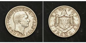  
 
    1935, Kingdom of Albania, Zog I. Nice Silver 1 Frang Coin. VF  Condition: VF  Mint year: 1935  Mint Place: Rome   Reference: KM-16.  Mintage: 50,000 pcs.   Denomination: 1 Frang  Material ...