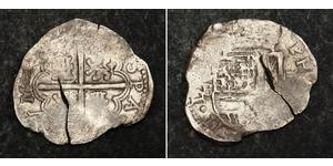  
  1598, Kingdom of Spain, Philip II. Silver 4 Reales Cob Coin. Assayer B!   Assayer: B  Mint Place: Seville (S)  Mint Period: 1592-1597  Reference: Calico X, Type 270.  Denomination: Cob of 4 R ...