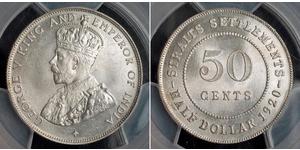  
   1920, Straits Settlements, George V. Silver 50 Cents (½ Dollar) Coin. PCGS MS64!  Mint Year: 1920 References: KM-35.1. Denomination: 50 Cents  Condition: Certified and graded by PCGS as MS-6 ...