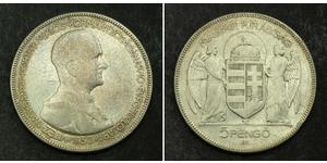  
 
  
  1930, Hungary (Republic), Mikl&oacute;s Horthy de Nagyb&aacute;nya. Silver 5 Pengo Coin. VF- 
  
 Condition: VF- Mint year: 1938 Reference: KM-512.1. Mint Place: Budapest (B.P.) Denomina ...
