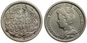Netherlands - 25 Cents 1919 - Wilhelmina - Silver