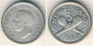 Новая Зеландия
3 пенса (1937 г.)
Серебро
Георг VI. Номер по Краузе КМ#7, 500-я проба, 16,3 мм.
