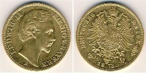 Бавария
20 марок (1873 г.)
Золото
D. Отто. Номер по Краузе КМ#513, 900-я проба, 7,965 г.
