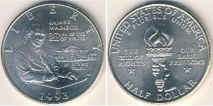 США
1/2 доллара (1993 г.)
Серебро
Джеймс Мэдисон, билль о правах. Анциркулейтед. W (Монетный двор Уэст-Пойнта). Номер по Краузе КМ#240, 900-я проба, 12,5 г.
