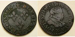 FRANCE Double Tournois 1614 X - Copper - Amiens Mint - Louis XIII. - VF - 3183 *
