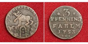  
 
   

 1753, German States, Anhalt-Bernburg. Copper 3 Pfennig Coin. aXF!   Mint year: 1753  Reference: KM-38.1.  Denomination: 3 Pfennig  Condition: Minor greenish deposits, otherwise about XF ...