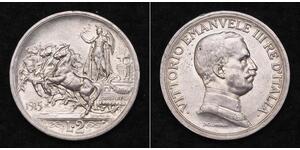 1915, Kingdom of Italy, Victor Emmanuel III. Beautiful Silver 2 Lire Coin. AU+
Mint Year: 1915  
Mint Place: Rome  
Denomination: 2 Lire  
Reference: KM-55. R!   
Condition: Minimal wear on high  ...