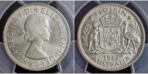  
  1961, Australia, Elizabeth II. Silver Florin (2 Shillings) Coin. PCGS MS-65!  Mint Year: 1961 Reference: KM-60. Denomination: Florin (2 Shillings)  Condition: Certified ad graded by PCGS as M ...