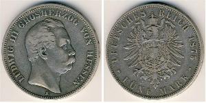 Гессен-Дармштадт
5 марок (1875 г.)
Серебро
H. Людвиг III. Номер по Краузе КМ#353, 900-я проба, 27,777 г.
