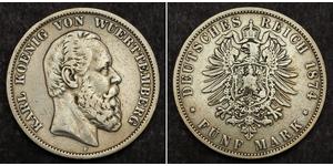  
  1874, Kingdom of Wurttemberg, Charles I.   Silver 5 Mark Coin. 1st Date of Issue!  Mint Year: 1874 References: KM-623. Denomination: 5 Mark Mint Place: Stuttgart (F) Condition: Cleaned/lightl ...