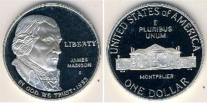 США
1 доллар (1993 г.)
Серебро
Джеймс Мэдисон. Билль о правах. Пруф. S (Монетный двор Сан-Франциско). Номер по Краузе KM#241, 900-я проба, 26,73 г.
