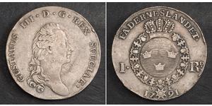  
  1791, Kingdom of Sweden, Gustav III. Large Silver Riksdaler Coin. VF+  Mint Year: 1791 Mint Place: Stockholm Denomination: Riksdaler  Mint Master: Olof Lidijn (O.L.)  Reference: Davenport 173 ...