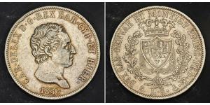  
 
   1830, Kingdom of Sardinia, Charles Albert. Large Silver 5 Lire Coin. XF!   Mint Year: 1830  Denomination: 5 Lire  Mint Place: Genova (P, Anchor)  Condition: Numerous circulation marks and  ...