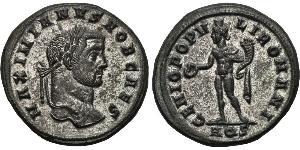 GALERIUS MAXIMIANUS (Caesar, 293-305). Follis. Aquileia. Obv: MAXIMIANVS NOB CAES. Laureate head right. Rev: GENIO POPVLI ROMANI / AQS. Genius standing left with modius on head, holding patera an ...