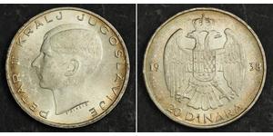 20 Dinaro Reino de Yugoslavia (1918-1943) Plata Pedro II de Yugoslavia