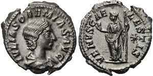 JULIA SOAEMIAS (Augusta, 218-222). Denarius. Rome. Obv: IVLIA SOAEMIAS AVG. Draped bust right. Rev: VENVS CAELESTIS. Venus standing facing, head left, holding apple and sceptre; star in right fie ...