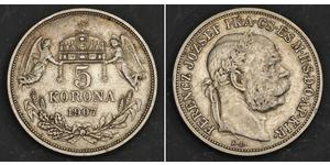  
  1907, Kingdom of Hungary, Emperor Franz Josef. Large Silver 5 Korona Coin. VF+   Mint year: 1907 Reference: KM-488.  Denomination: 5 Korona  Mint place: Kremnitz (KB)  Condition: A well-circu ...