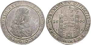 1660,LETTLAND. Riga, Stadt. Karl XI. von Schweden, 1660-1697. Taler 1660. Münzmeister Jochim Meinecke. Variante mit zwei Wimpeln auf der Turmspitze. 28.56 g. Neumann 53. Hajak 1560 (R). Dav. 4596 ...