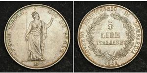  
  1848, Italy, Lombardy (Provisional Government). Large Silver 5 Lire Coin. XF+  Mint Year: 1848  Mint Place: Milan   Denomination: 5 Lira  Reference: Davenport 206, KM 22.1.  Condition: Numero ...