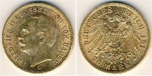 Баден
20 марок (1912 г.)
Золото
Фридрих II. G. Номер по Краузе КМ#284, 900-я проба, 7,965 г.
