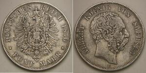 SAXONY (Germny) 5 Mark 1876 E - Silver 0.9 - Albert - VF - 1553 *