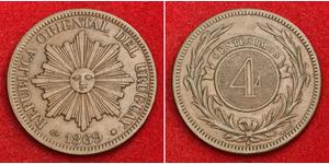  
 
      1870, Uruguay (Republic). Beautiful Large Copper 4 Centesimos Coin.    Condition: VF+  Mint year: 1870  References: KM-13.   Mint Place: Paris (A)  Denomination: 4 Centesimos  Compositi ...