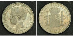  
 
  
 1897, Philippines, Alfonso XIII of Spain. Large Silver Peso Coin. 1-Year Type! 
  
  Mint Year: 1897 Mint Place: Valencia Denomination: 1 Peso Reference: KM-154. R! Condition: Mottled ton ...