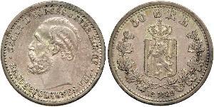 50 Ore United Kingdoms of Sweden and Norway (1814-1905) Plata Óscar II de Suecia (1829-1907)