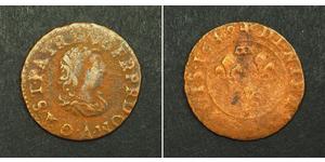  
  1649, Feudal France, Dombes, Gaston d'Orléans. Copper Denier Tournois Coin. F+  Mint Year: 1649 References: KM-28. Region: Dombes (French state) Denomination: Double Tournois (2 Deniers) Cond ...