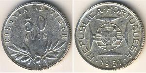 Тимор
50 авос (1951 г.)
Серебро
Номер по Краузе КМ#7, 650-я проба, 3,5 г.
