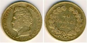 Франция
40 франков (1834 г.)
Золото
А. Луис Филипп I. Номер по Краузе # 747.1, 900-я проба, 12,9039 г. Тираж 303 000 экз.
