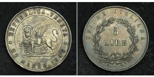  
 
  
 1848, Republic of Venice (Provisional Government). Large Silver 5 Lira Crown. R! 
   
 Mint Year: 1848 Mint place: Venice Denomination: 5 Lire  Mintage: 11,000 pcs. Reference: Davenport 2 ...