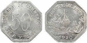 Haut-Sénégal et Niger, Kayes, 50 centimes Chambre de commerce, 1920 A/CHAMBRE DE COMMERCE// KAYES. Au centre : 50 C. R/HAUT-SÉNÉGAL. NIGER. Bateau arrivant au port, à l'exergue : (date) et signat ...