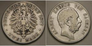 SAXONY (German State) 2 Mark 1877 E - Silver 0.9 - Albert - VF- - 1527 *