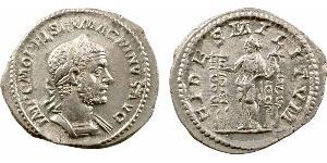 Macrin, denier, Rome, 217 A/IMP C M OPEL SEV MACRINVS AVG. Buste lauré et cuirassé à droite, vu de trois quarts en avant. R/FIDES MILITVM. La Fidélité debout de face, regardant à gauche, entre de ...