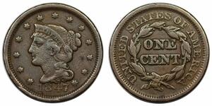 1847 Braided Hair Large Cent, N-7, extremely rare LDS (f) obverse cuds